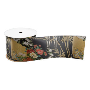 Black and Gold Traditional Japanese Kimono Floral Satin Ribbon