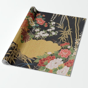 Black and Gold Traditional Japanese Kimono Floral  Wrapping Paper