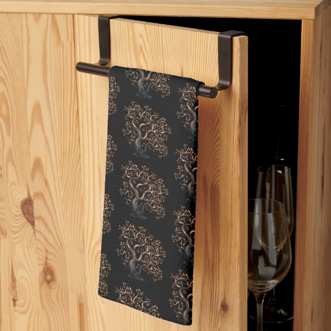 Black and Gold Tree Pattern Halloween Tea Towel (Thirds Fold)
