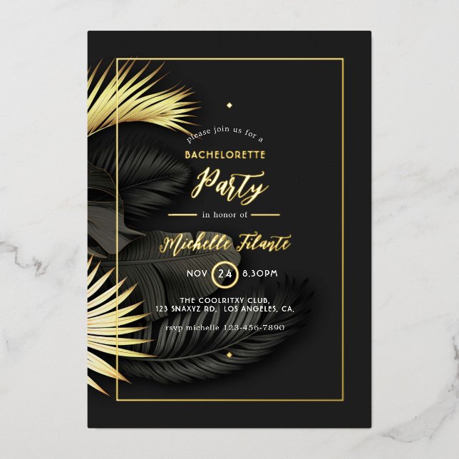 Black and Gold Tropical Bachelorette Party Foil In (Front)