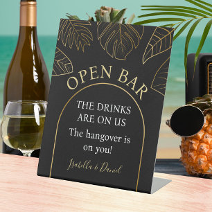 Black and Gold Tropical Floral Open Bar Wedding Pedestal Sign