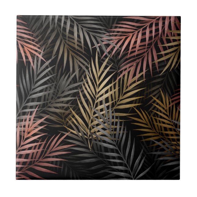 Black and gold tropical flowers and leaves Pattern Ceramic Tile (Front)
