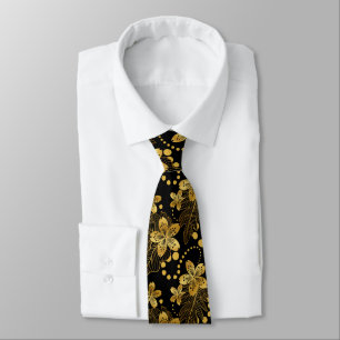 Black and gold Tropical leaves and flowers pattern Tie