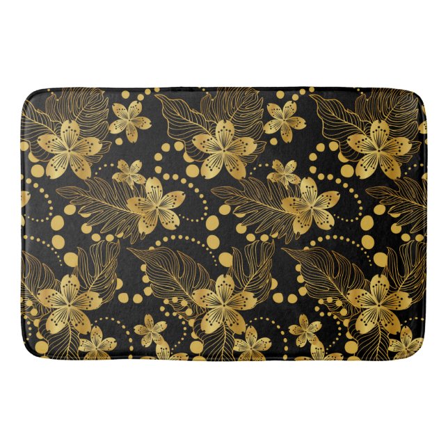 Black and gold Tropical leaves & flowers pattern Bath Mat (Front)