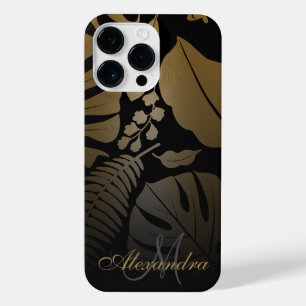 Black and Gold Tropical Leaves iPhone 14 Pro Max Case