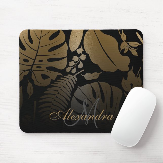 Black and Gold Tropical Leaves Mouse Pad (With Mouse)