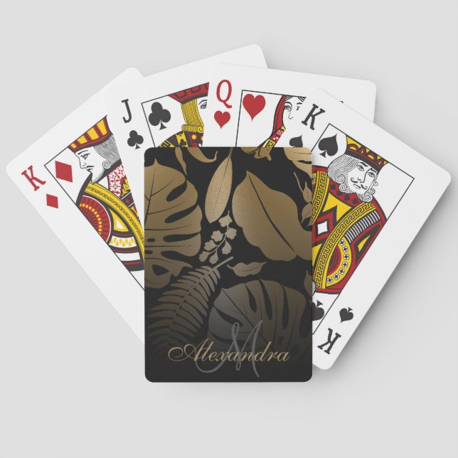 Black and Gold Tropical Leaves Playing Cards (Back)