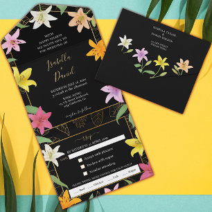 Black and Gold Tropical Lily Wedding All In One Invitation