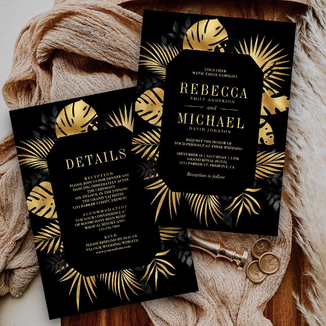 Black and Gold Tropical Palm All in One Wedding Invitation (Creator Uploaded)