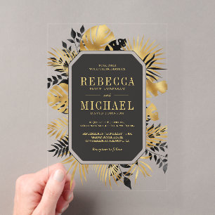 Black and Gold Tropical Palm Wedding Acrylic Invitations