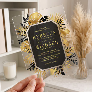 Black and Gold Tropical Palm Wedding Acrylic Invitations