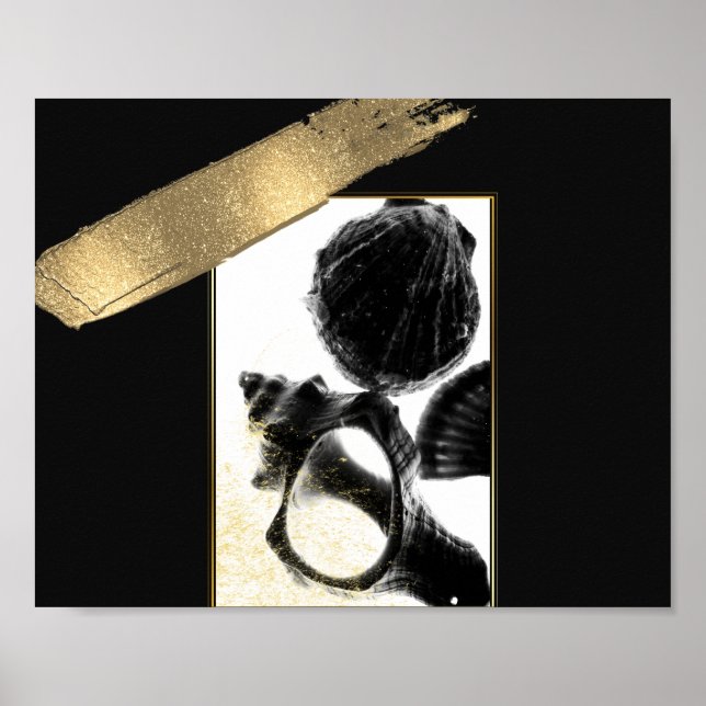 Black and Gold Tropical Seashells Printable Art  Poster (Front)