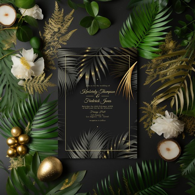 Black and Gold Tropical Wedding Invitation (Black and Gold Tropical Wedding)