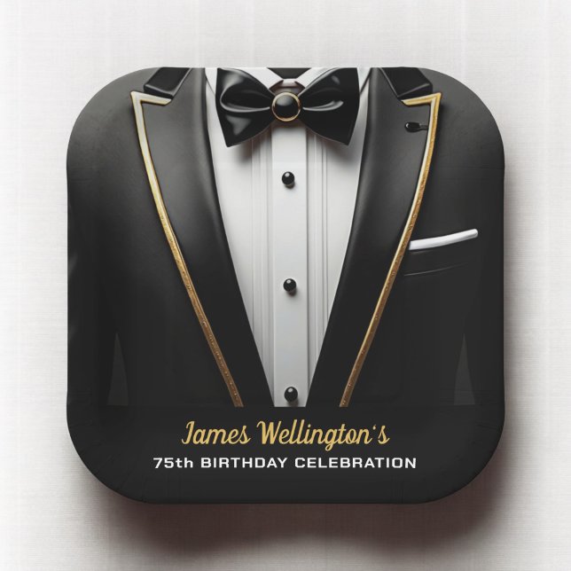 Black and Gold Tuxedo Birthday Event Paper Plate (Creator Uploaded)