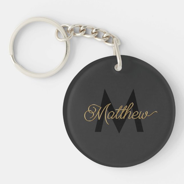 Black and Gold Typography Add Name & Monogram Mens Key Ring (Front)