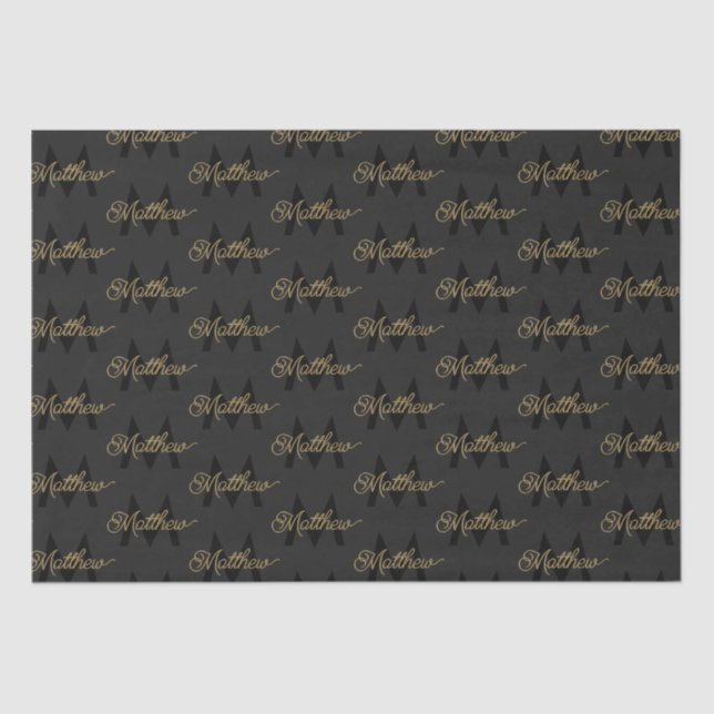 Black and Gold Typography Add Name & Monogram Mens Tissue Paper (Front)