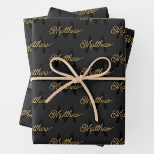 Black and Gold Typography Add Name & Monogram Mens Wrapping Paper Sheet