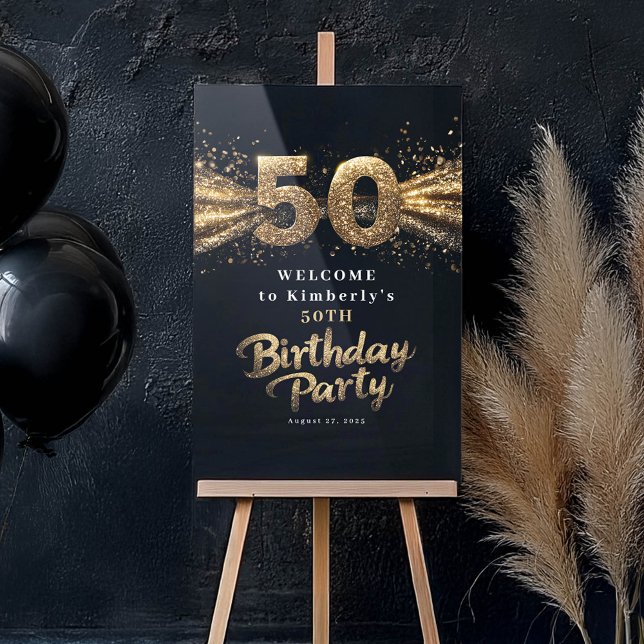 Black And Gold Typography Fifty 50th Birthday Acrylic Sign (50th Birthday Black and Gold Welcome Sign)