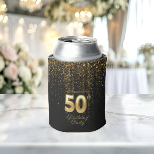 Black And Gold Typography Fifty 50th Birthday Can Cooler