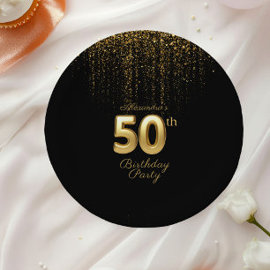 Black And Gold Typography Fifty 50th Birthday Paper Plate