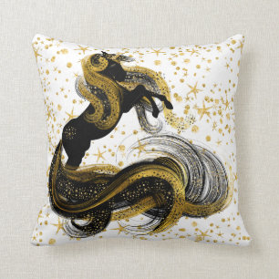 Black and Gold Unicorn with Gold Stars Cushion