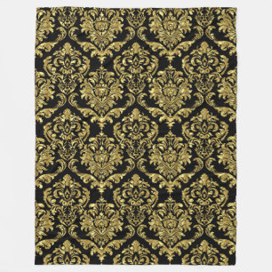 Black And Gold Vintage Floral Damasks Fleece Blanket