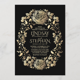 Black and Gold Vintage Floral Wreath Wedding Invitation