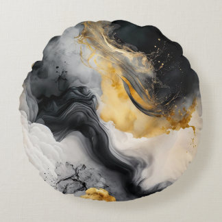 Black and Gold Watercolor Marble Round Cushion