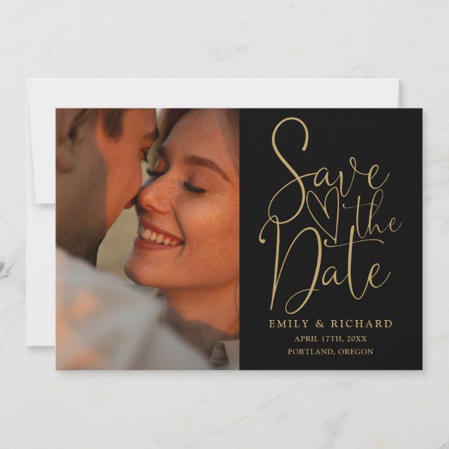 Black And Gold Wedding 2 Photo Elegant Script Save The Date (Front)