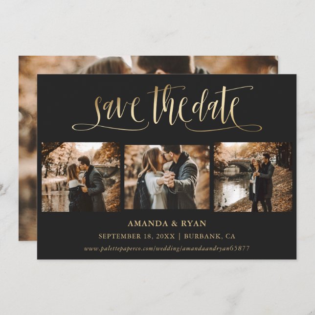 Black and Gold Wedding 4 Photo Save The Date (Front/Back)