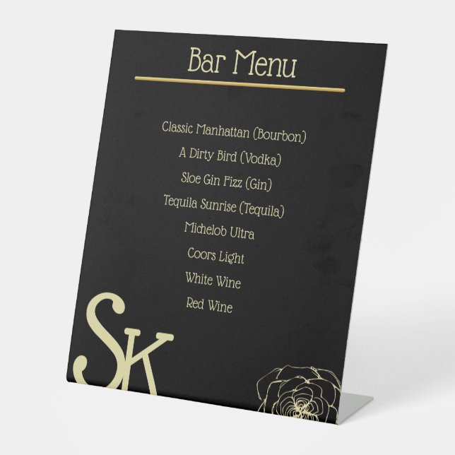 Black and Gold Wedding Bar Menu Pedestal Sign (Front)