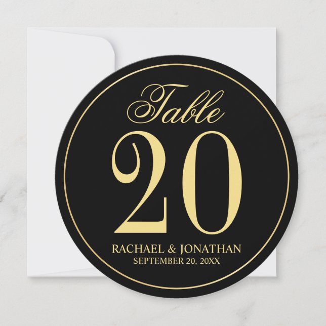 Black and Gold Wedding Circle Table Number Card (Front)