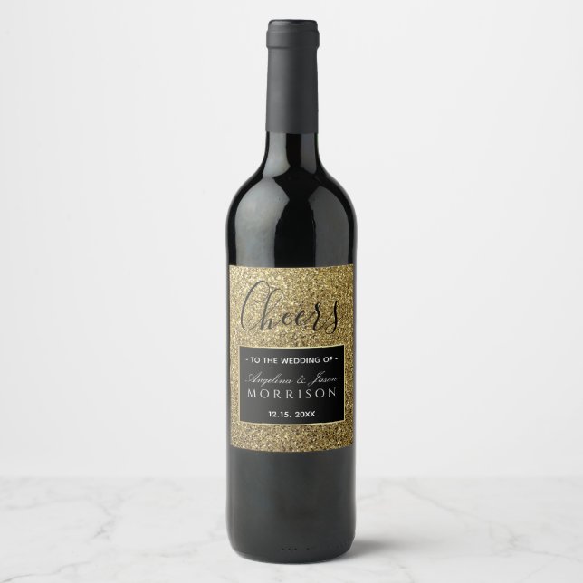 Black And Gold Wedding Favour Wine Label (Front)