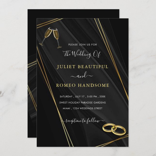 Black and Gold Wedding Invitation Rings Champagne (Front/Back)