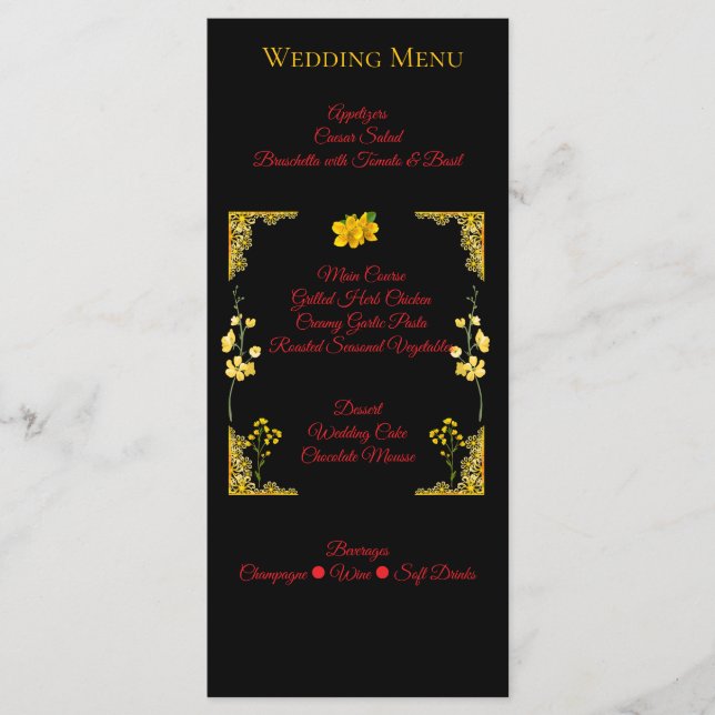 Black and Gold Wedding Menu Card (Front)