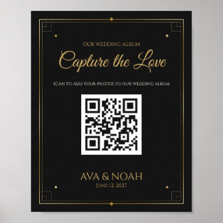 Black and Gold Wedding QR Code Sign, Scan to Share Poster