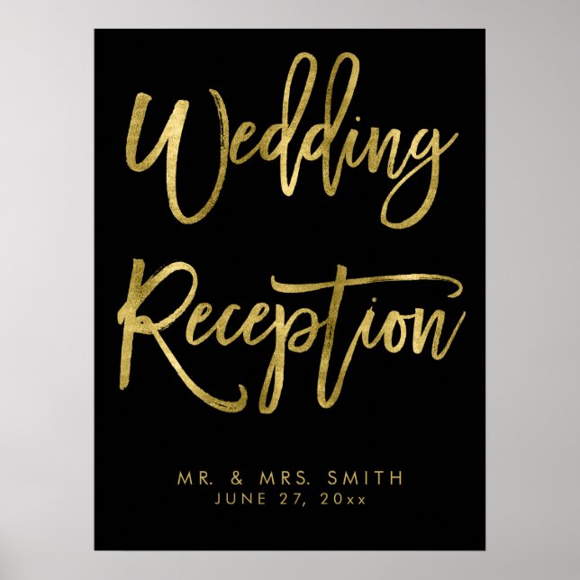 Black And Gold Wedding Reception Sign Print (Front)
