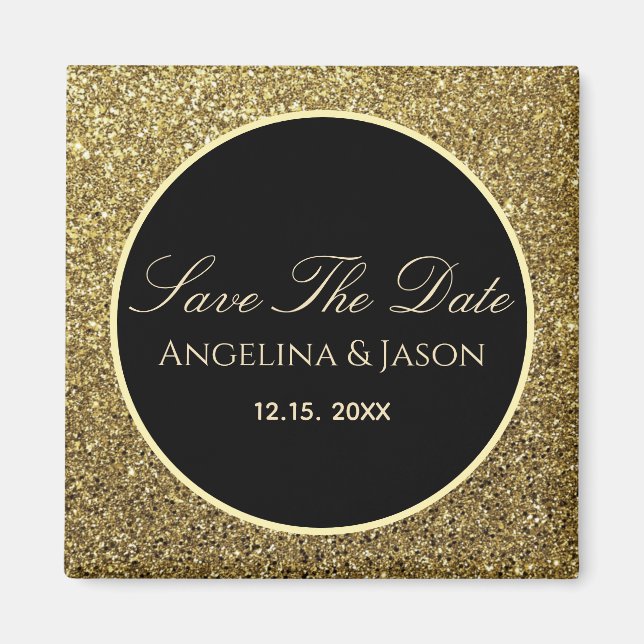 Black and Gold Wedding Save The Date Magnet (Front)