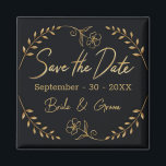 Black and Gold Wedding Save the Date Magnet<br><div class="desc">Announce your special day with this beautifully hand-drawn Save the Date magnet, designed with care by Aliss at home in rural Ireland. Featuring delicate gold leaves and a charming floral accent, this magnet is a perfect keepsake for couples seeking a touch of elegance. Each design is digitally painted to bring...</div>