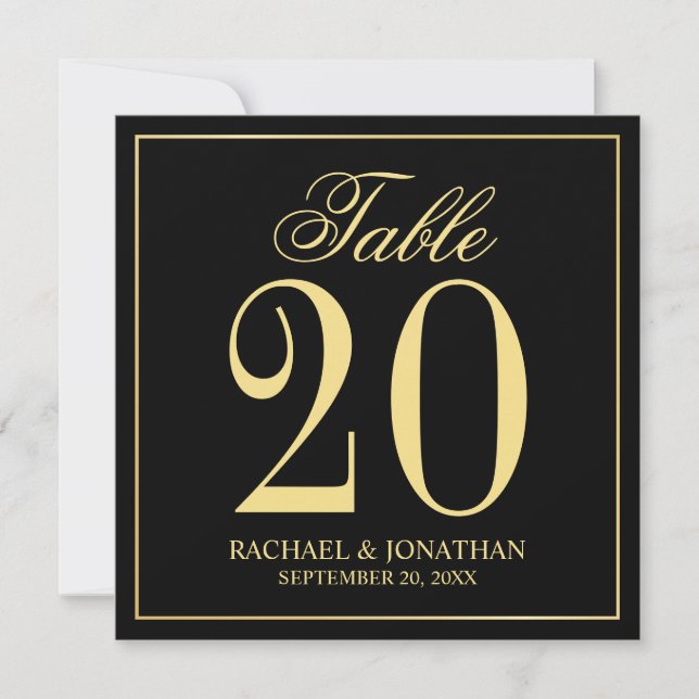 Black and Gold Wedding Square Table Number Card (Front)