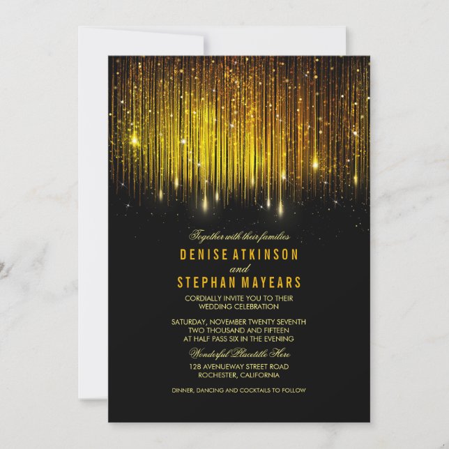 Black and Gold Wedding String Lights Invite (Front)