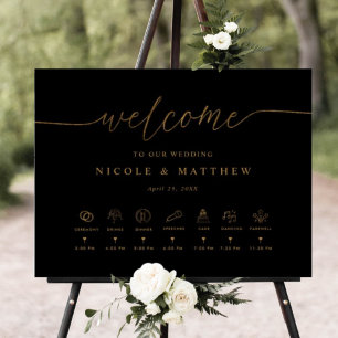 Black and Gold Wedding Welcome Sign with Timeline