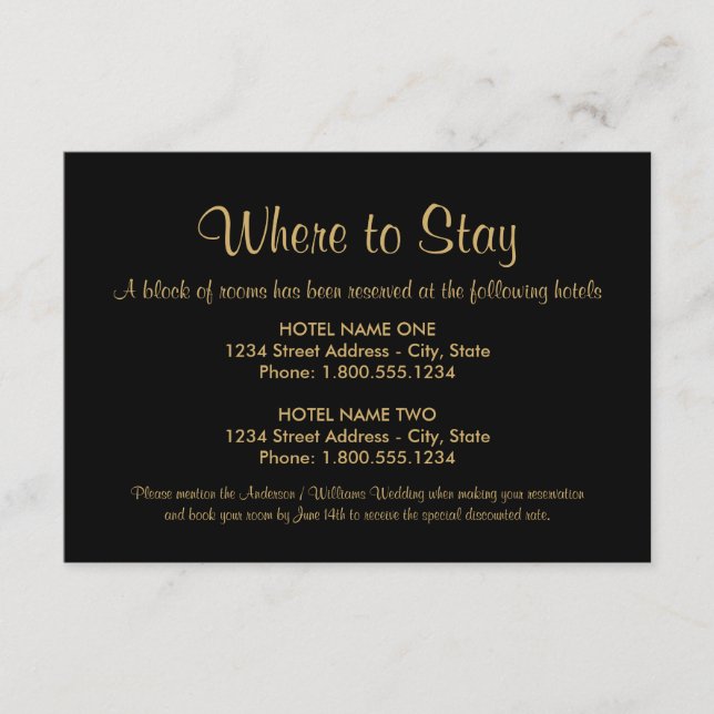 Black and Gold Where to Stay Wedding Accommodation Enclosure Card (Front)