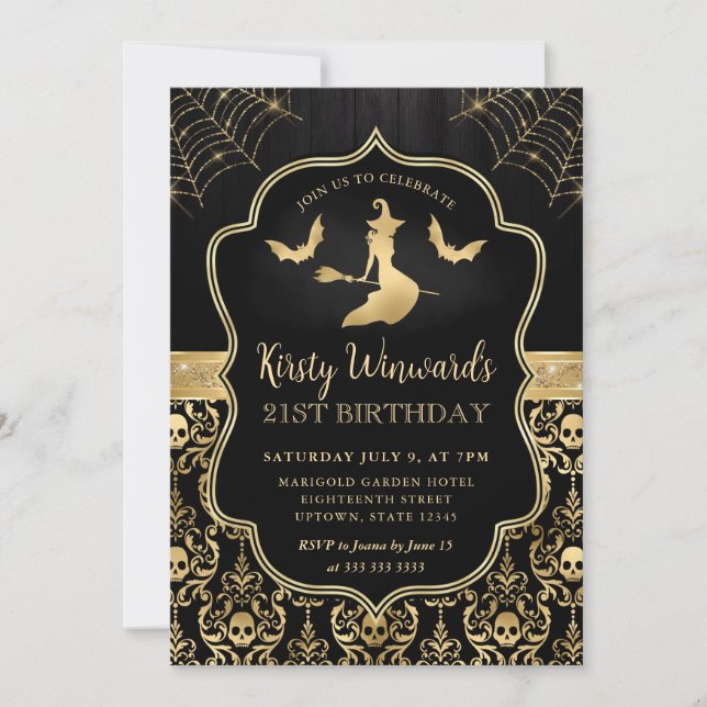 Black and Gold Witch and Bats Damask 21st Birthday Invitation (Front)