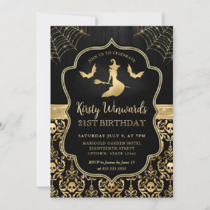 Black and Gold Witch and Bats Damask 21st Birthday Invitation