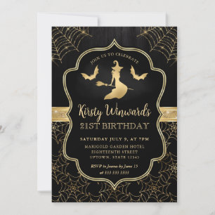 Black and Gold Witch and Bats Damask 21st Birthday Invitation