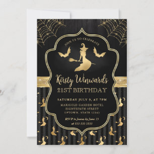 Black and Gold Witch and Bats Damask 21st Birthday Invitation