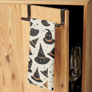 Black and Gold Witch's Hats Stars Cream Halloween Tea Towel