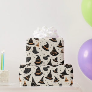 Black and Gold Witch's Hats Stars Cream Halloween Wrapping Paper