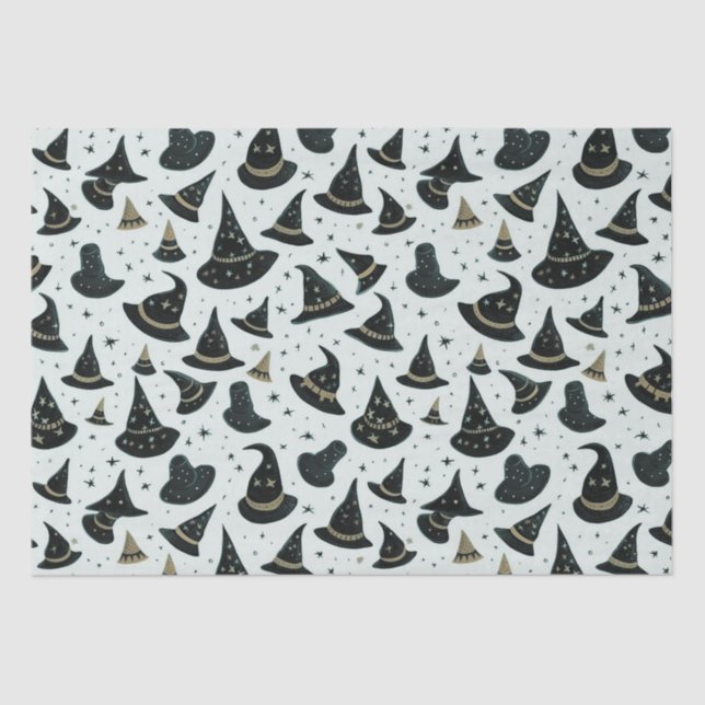 Black and Gold Witch's Hats Stars Green Halloween Tissue Paper (Front)